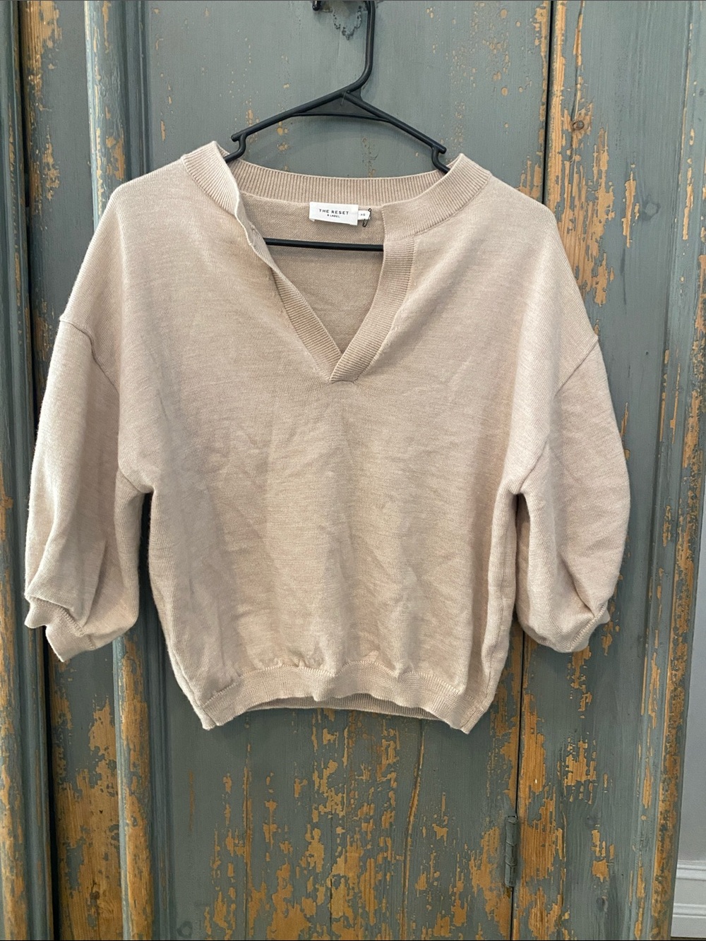 The Reset Beige V-Neck Puff Sleeve Sweater